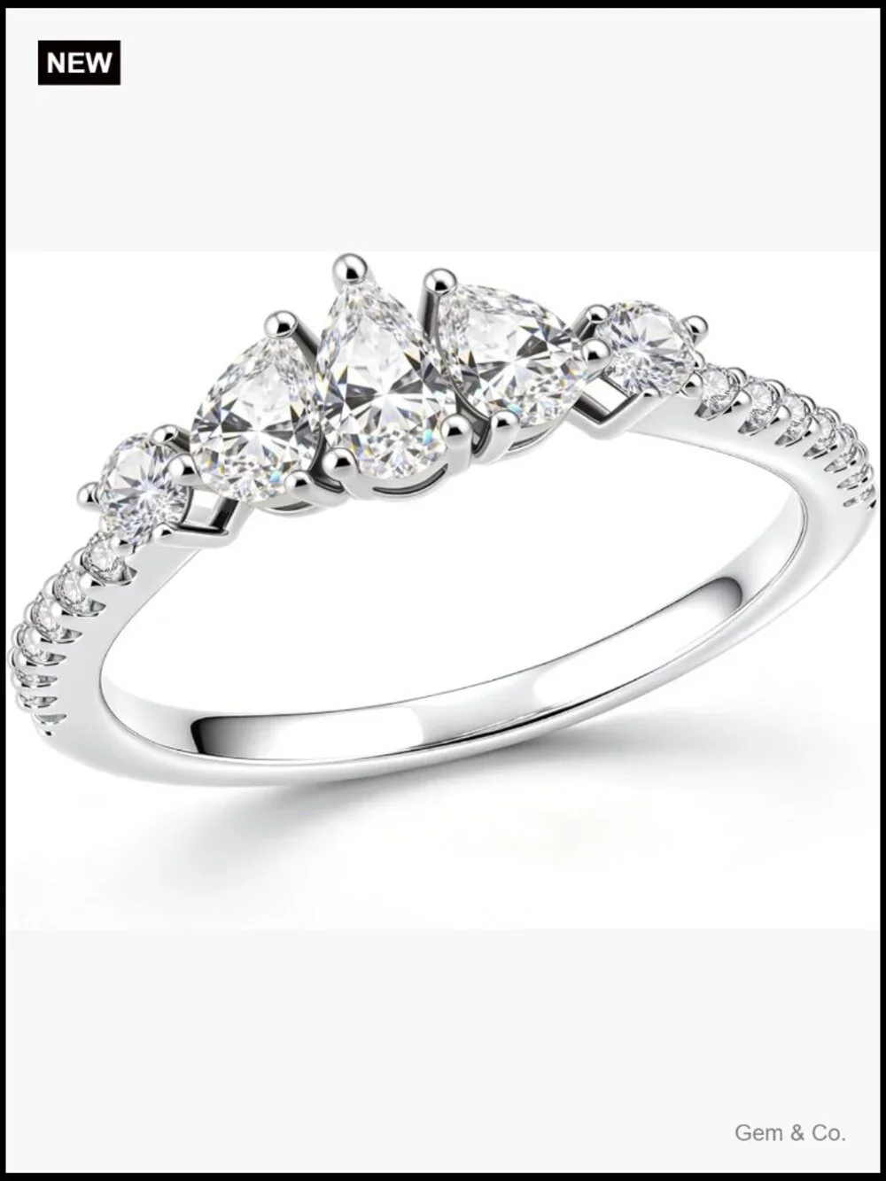 1.1CT Pear Shaped Moissanite Three Stone Engagement Ring 18K White Gold Plated